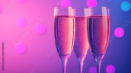 Three elegant champagne glasses on a colorful background.