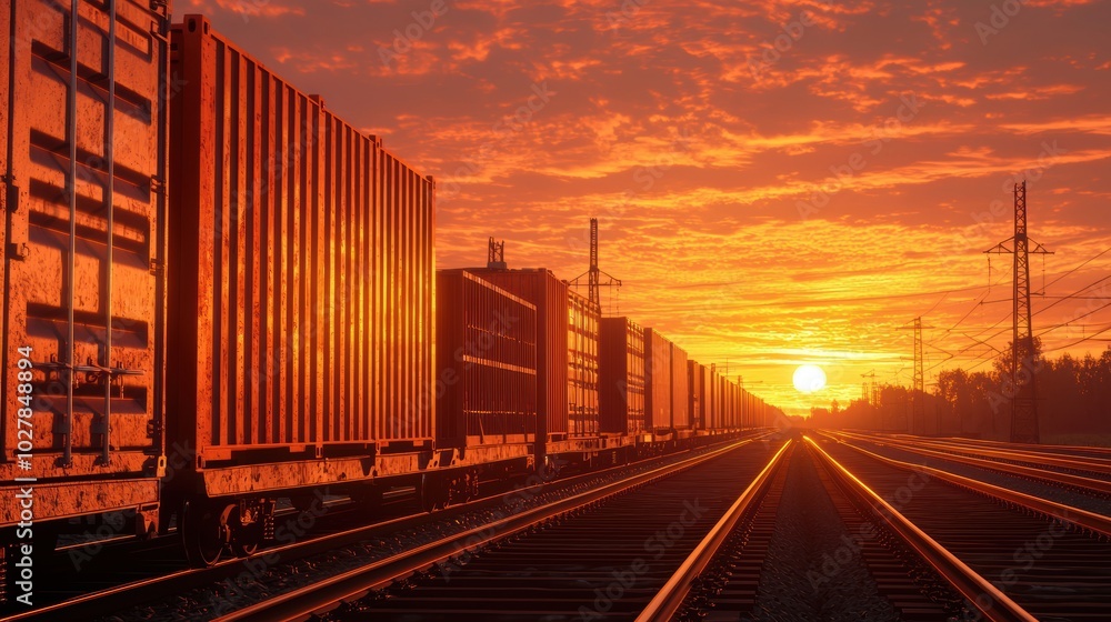 Train cargo containers at sunset Train cargo containers at sunset
