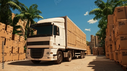 Truck in a warehouse with cargo boxes. photo