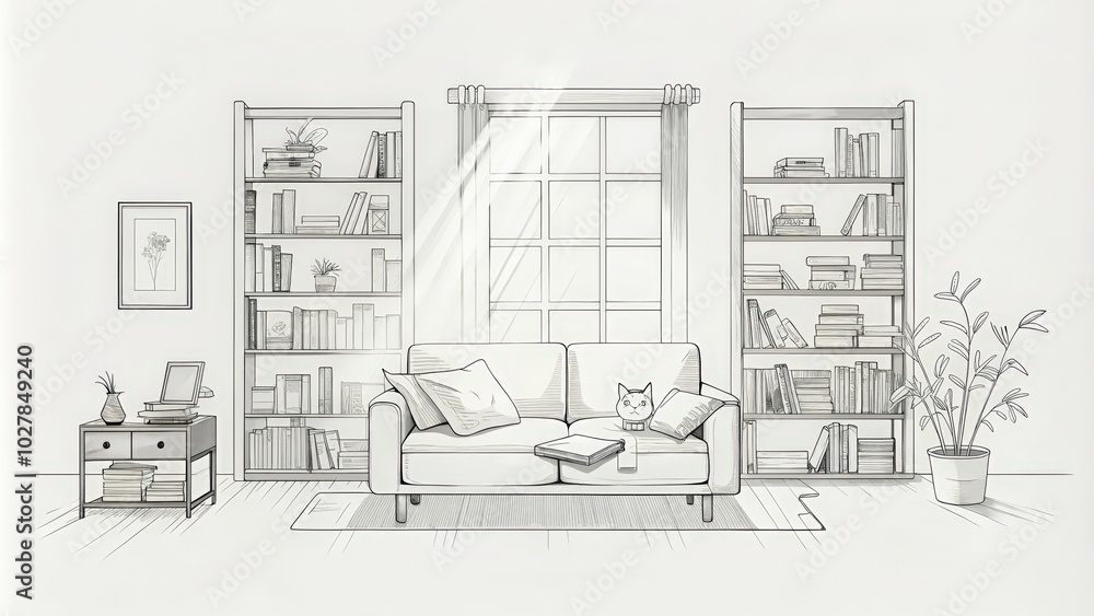 Sketch of a Living Room with a Sofa, Bookcases, and a Window Sketch of a Living Room with a Sofa, Bookcases, and a Window