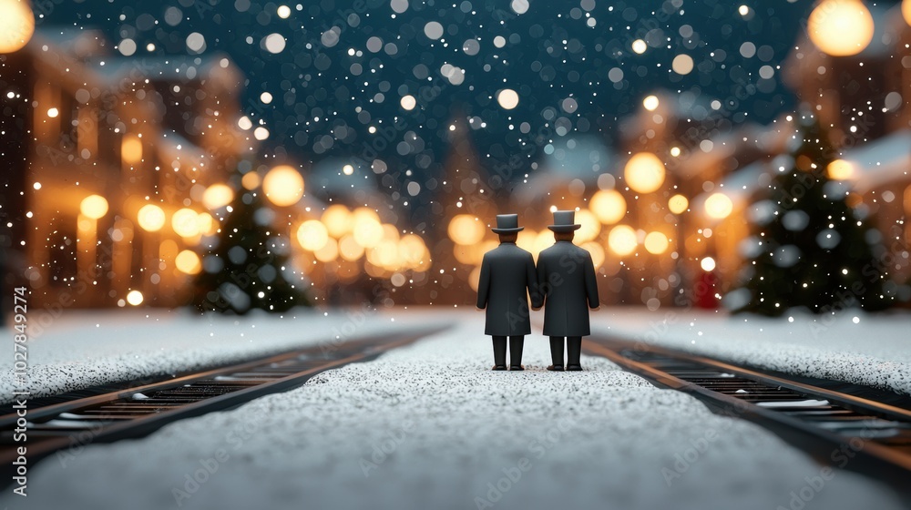Two figures holding hands on a snowy street, illuminated by festive lights. Two figures holding hands on a snowy street, illuminated by festive lights.