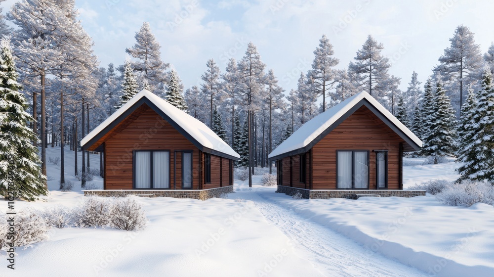 Two wooden cabins in a snowy landscape surrounded by pine trees. Two wooden cabins in a snowy landscape surrounded by pine trees.