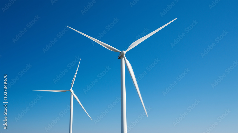 Low-angle shot of wind turbines spinning against a clear blue sky photo Low-angle shot of wind turbines spinning against a clear blue sky photo