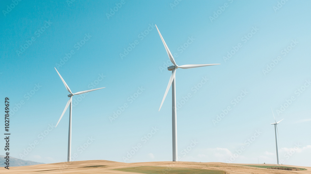 Low-angle shot of wind turbines spinning against a clear blue sky photo