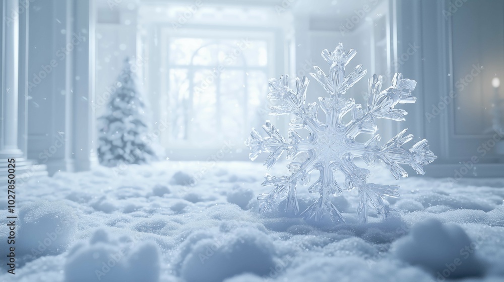 Fototapeta premium Creative winter card with snowflakes in interior, falling snow, winter concept, solid background