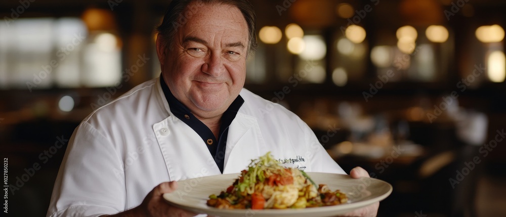 Masterful Culinary Creation: Chef proudly presents a gourmet masterpiece, symbolizing culinary excellence. Masterful Culinary Creation: Chef proudly presents a gourmet masterpiece, symbolizing culinary excellence.