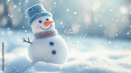 A snowman in a snowy background, empty space, serene, minimal, winter atmosphere