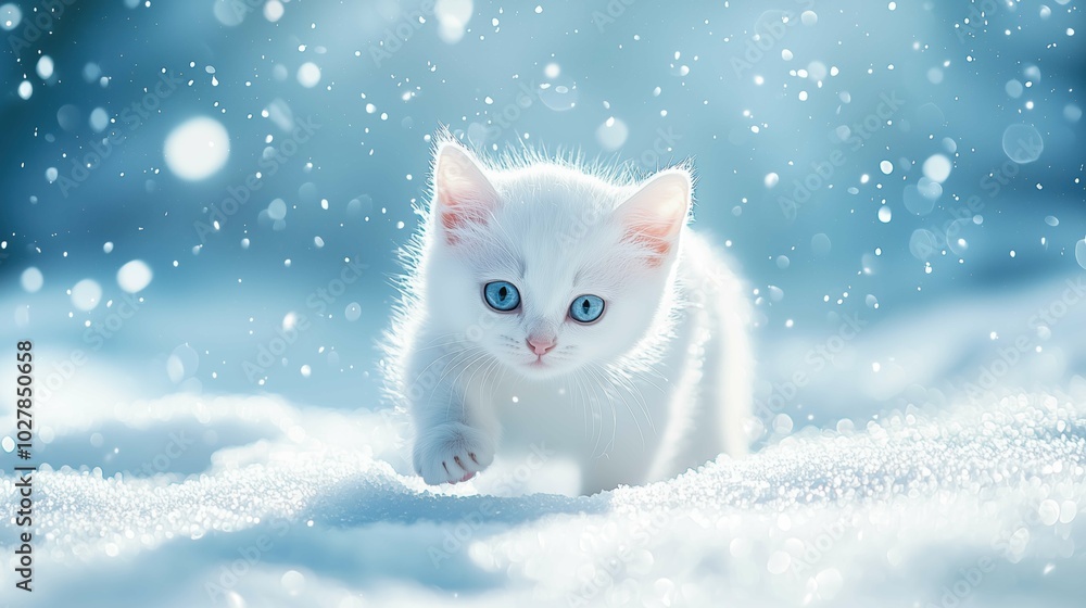 Fototapeta premium A white cat in a snowy background, empty space, serene, minimal, winter atmosphere