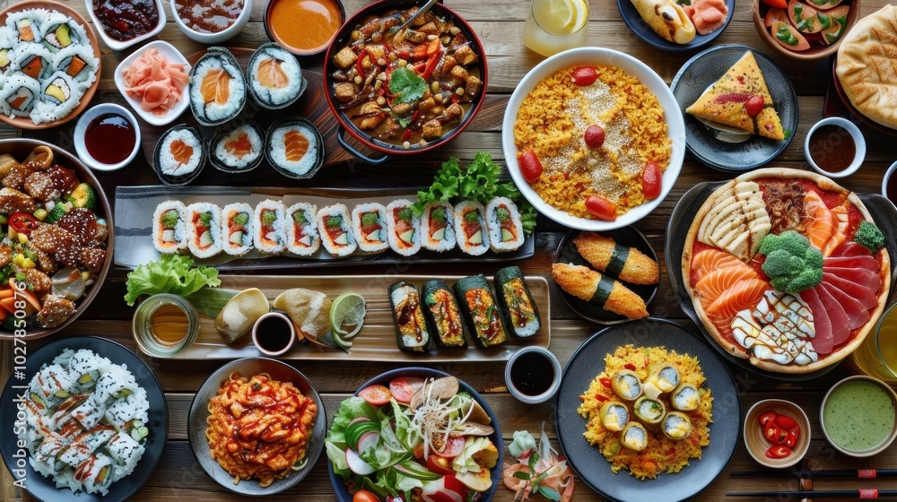 Fototapeta premium An enticing display of diverse global cuisines features sushi, fried rice, seafood, and various appetizers, creating a festive atmosphere perfect for celebration and sharing