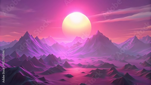 Purple Mountain Range with a Yellow Sun and Fog