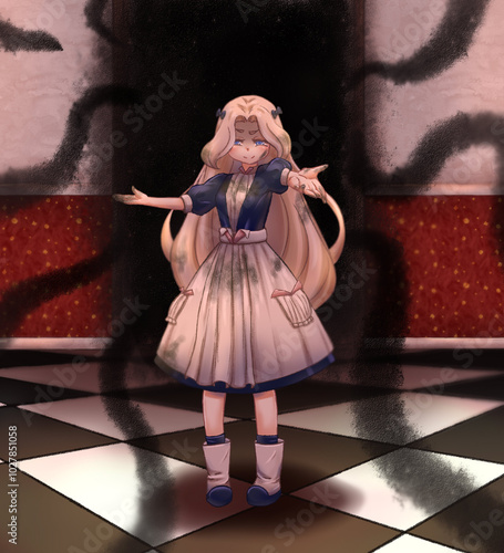 girl in soot with super strength, blonde