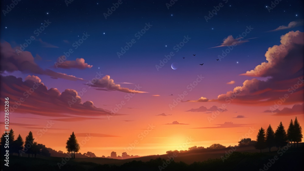 Silhouetted Trees Against a Vibrant Sunset and Starry Sky Silhouetted Trees Against a Vibrant Sunset and Starry Sky