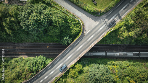Fotografie Aerial view of road and rail track in East Sussex, close to Brighton, UK