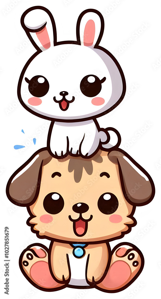 Obraz premium Cute cartoon bunny and puppy stacked in adorable pose