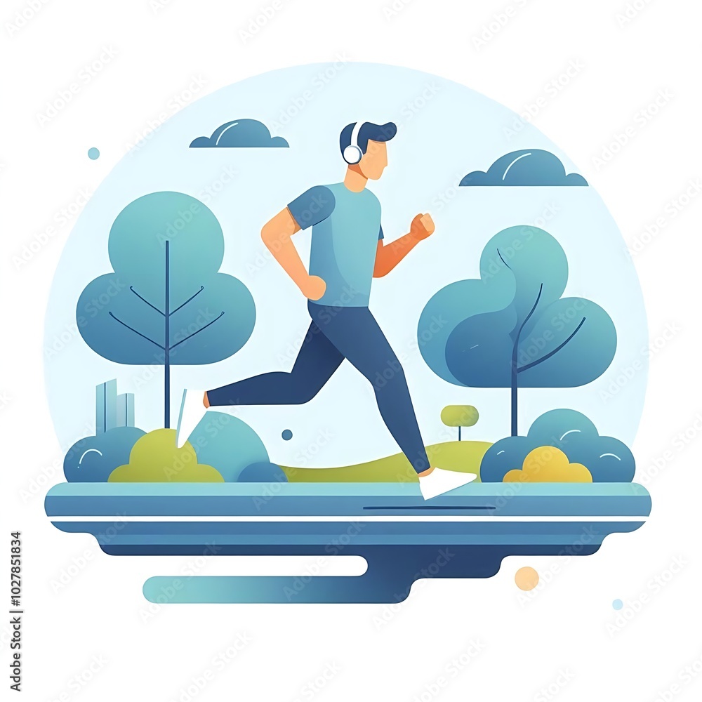 Flat-style illustration of a man jogging through a park. Ideal for fitness, outdoor, and healthy lifestyle-themed designs. Simple and energetic composition, perfect for promoting physical activity. Flat-style illustration of a man jogging through a park. Ideal for fitness, outdoor, and healthy lifestyle-themed designs. Simple and energetic composition, perfect for promoting physical activity.