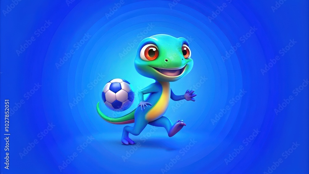 A Cartoon Lizard Character Playing Soccer with a Blue and White Ball A Cartoon Lizard Character Playing Soccer with a Blue and White Ball