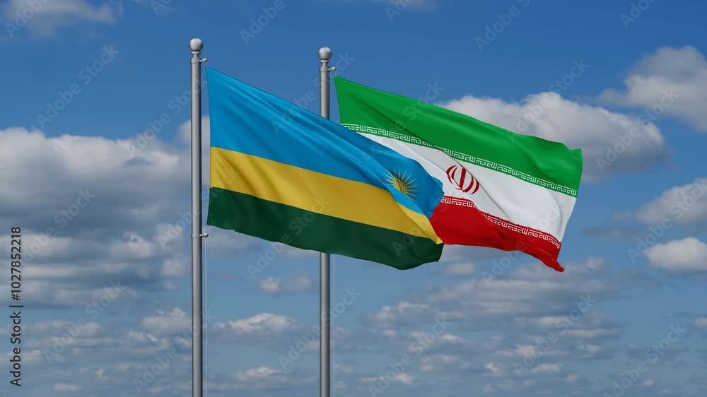 Iran and Rwanda two flags waving together on blue , video concept of the relationship Iran and Rwanda two flags waving together on blue , video concept of the relationship