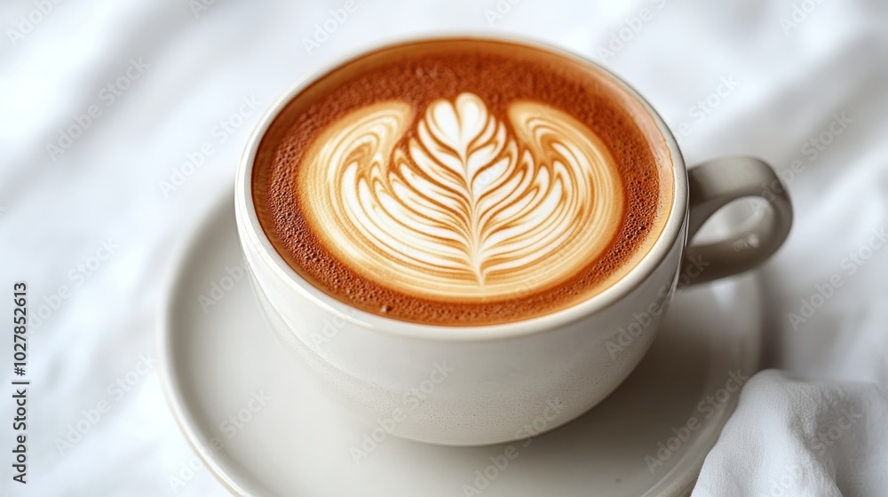 A close-up of a coffee cup with intricate latte art on a white background