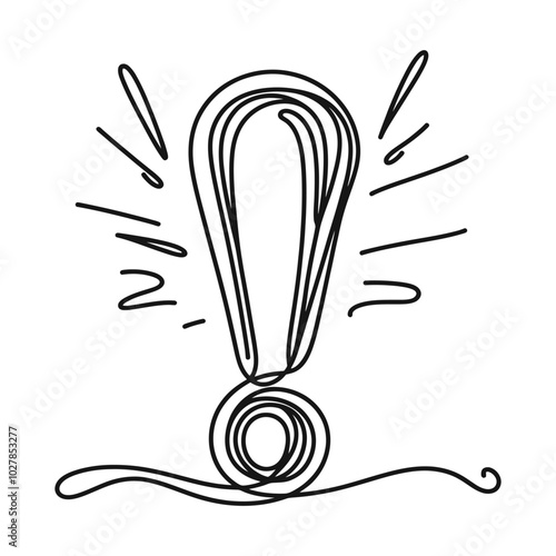 Continuous linear drawing of exclamation mark. One line drawing exclamation mark. Exclamation mark in one line style. Vector illustration.