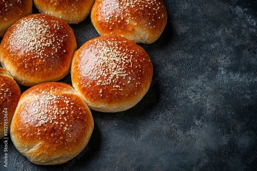 Freshly baked burger buns on dark background Freshly baked burger buns on dark background