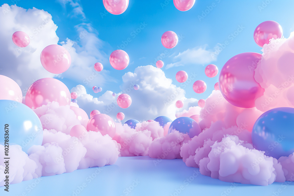 Pink and blue spheres floating amongst fluffy white clouds against a bright blue sky. Background. Pink and blue spheres floating amongst fluffy white clouds against a bright blue sky. Background.