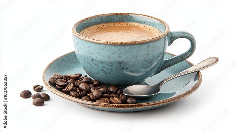 A coffee cup with a spoon and coffee beans, isolated on a white background A coffee cup with a spoon and coffee beans, isolated on a white background