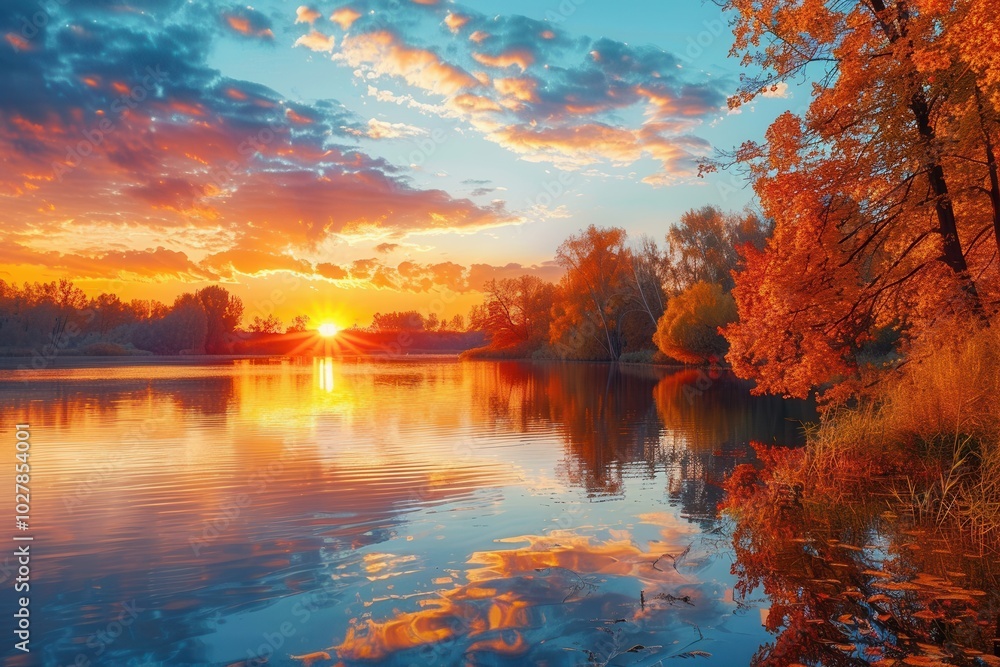 The sky ignites with brilliant colors as the sun sets, casting stunning reflections on the calm water and highlighting autumn's beauty. Generative AI The sky ignites with brilliant colors as the sun sets, casting stunning reflections on the calm water and highlighting autumn's beauty. Generative AI