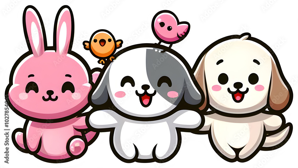 Cute cartoon animals, bunny, puppy, and bird friends illustration Cute cartoon animals, bunny, puppy, and bird friends illustration