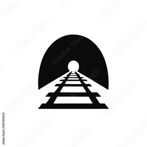 A black and white image of a railroad track leading into a dark tunnel 