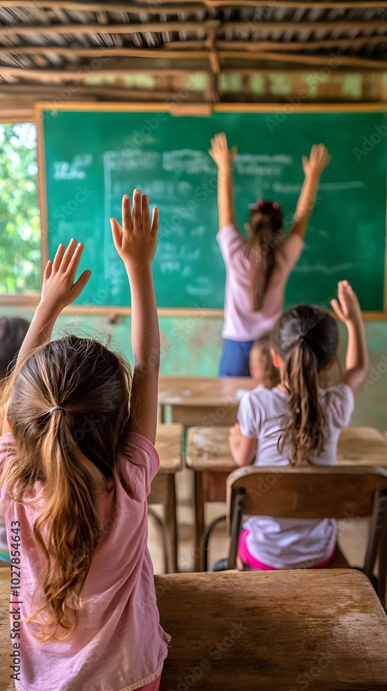 Photo of children raising their hands in class, teacher at the blackboard, front view Photo of children raising their hands in class, teacher at the blackboard, front view
