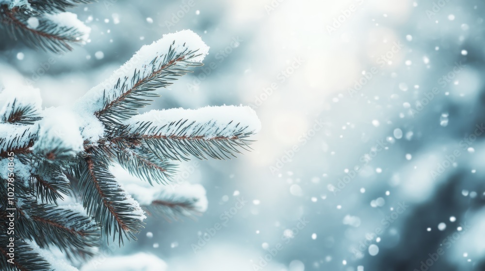 Snow-covered pine branches with subtle golden lights in an elegant Christmas scene. Snow-covered pine branches with subtle golden lights in an elegant Christmas scene.