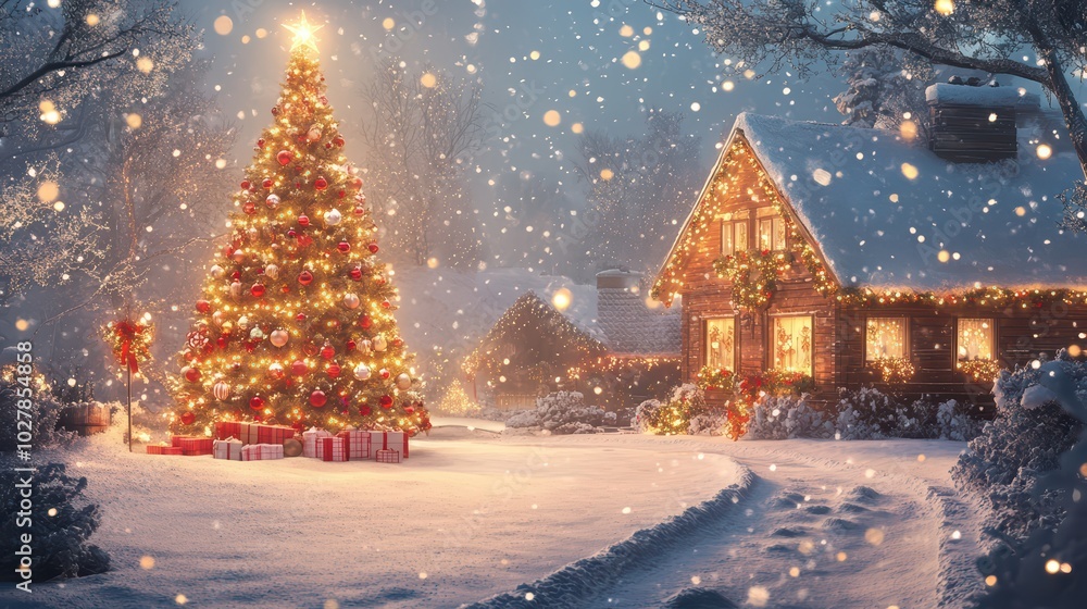 Obraz premium A picturesque winter scene featuring a decorated Christmas tree, cozy cabin, and gently falling snow, evoking holiday warmth.