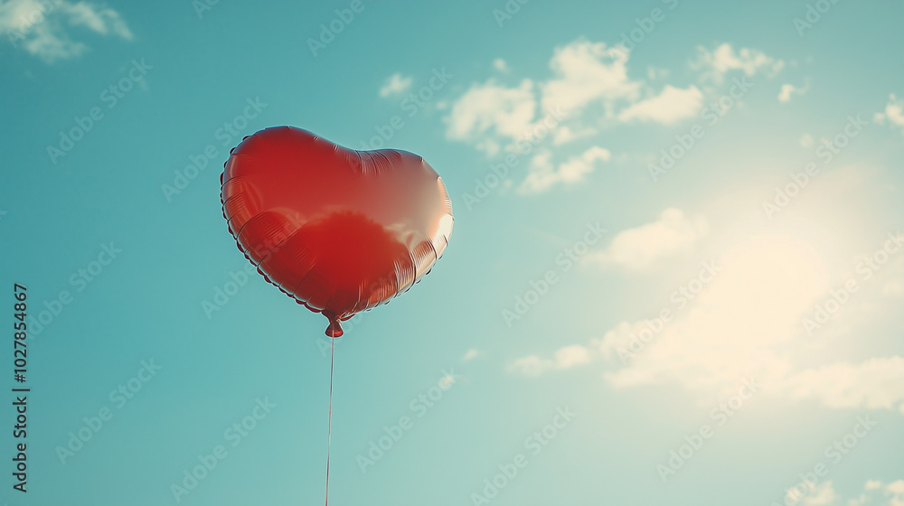 Fototapeta premium St. Valentine's Day, Cheerful red heart balloon soaring freely in sunny blue sky with fluffy clouds 