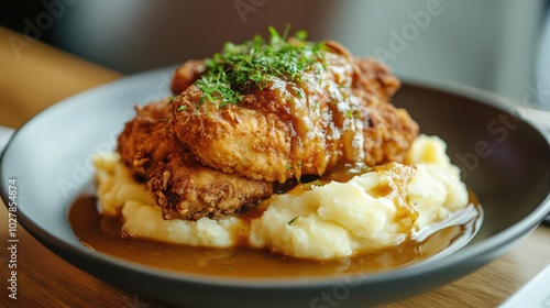 A mouthwatering plate of crispy fried chicken served over creamy mashed potatoes with savory gravy and fresh herbs.