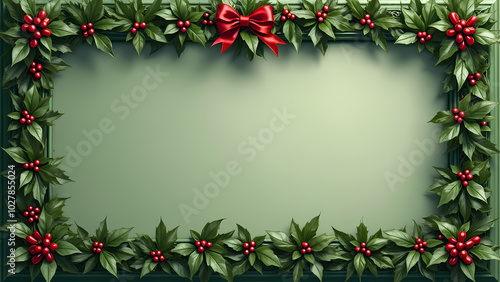 Holly and ivy festive border with a red bow on a green background