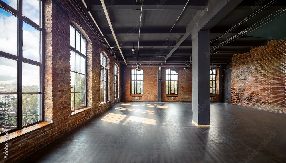 Empty loft apartment, industrial style, 3d render Empty loft apartment, industrial style, 3d render