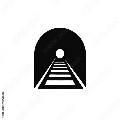 A black and white image of a railroad track leading into a dark tunnel 