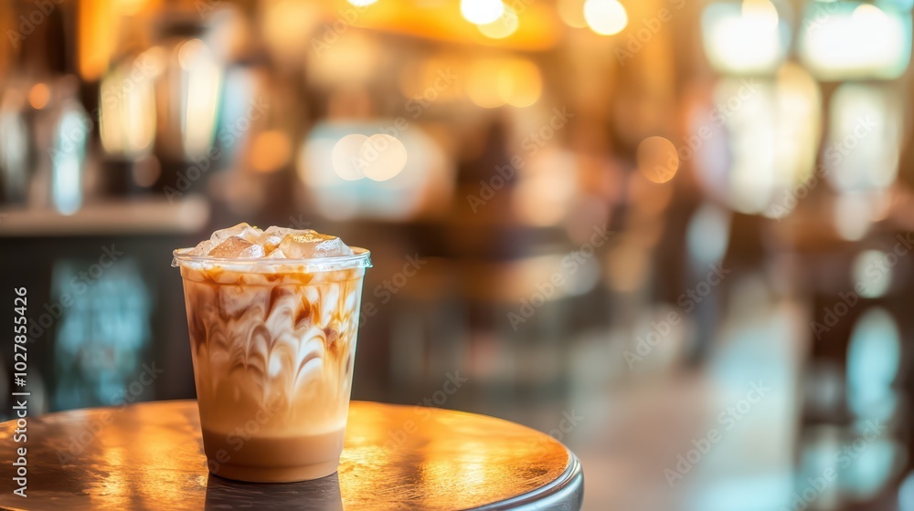 A refreshing iced coffee sits on a wooden table, showcasing a creamy texture in a cozy cafe atmosphere with soft background lights. A refreshing iced coffee sits on a wooden table, showcasing a creamy texture in a cozy cafe atmosphere with soft background lights.