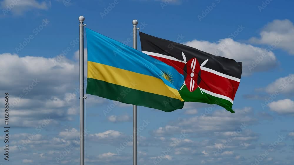 Kenya and Rwanda flags flying together, video concept of the relationship, two country relations concept Kenya and Rwanda flags flying together, video concept of the relationship, two country relations concept
