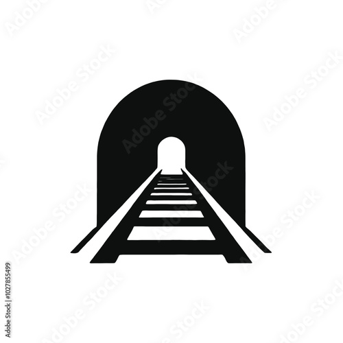 A black and white image of a railroad track leading into a dark tunnel 