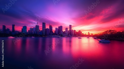 Brisbane Skyline Sunset with Pink and Purple Sky.