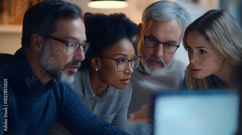 A group of diverse colleagues working together on a digital presentation all focused on the screen. photo