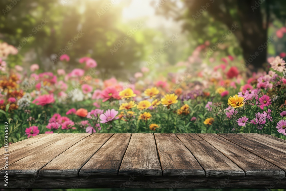 A serene wooden table in a vibrant garden filled with colorful flowers, perfect for outdoor dining or floral-themed photography. A serene wooden table in a vibrant garden filled with colorful flowers, perfect for outdoor dining or floral-themed photography.