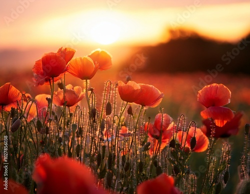 nice poppy flowers in the sunset