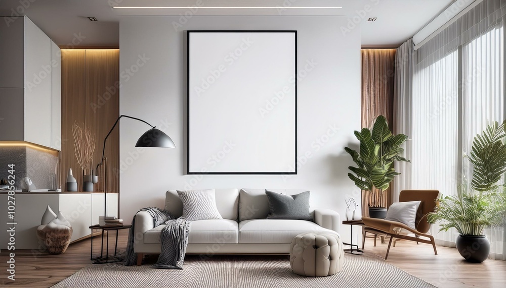 Fototapeta premium Mockup frame in modern interior, white room with contemporary furniture, 3d render