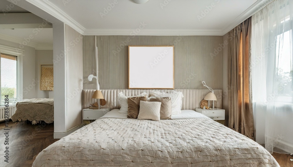 Mockup frame in luxury Hampton style bedroom interior, 3d render