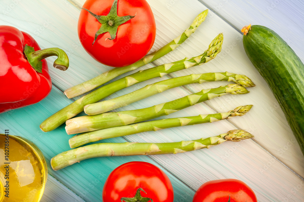 asparagus on wood background top view asparagus on wood background top view