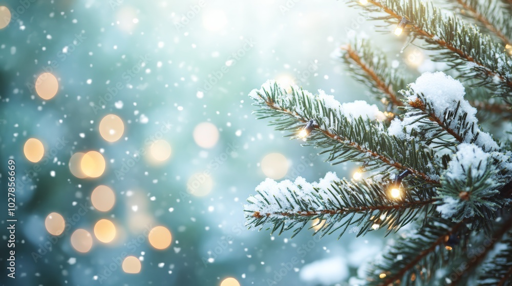 Panoramic winter backdrop with snow-covered pine branches and warm festive lights, perfect for greeting cards Panoramic winter backdrop with snow-covered pine branches and warm festive lights, perfect for greeting cards