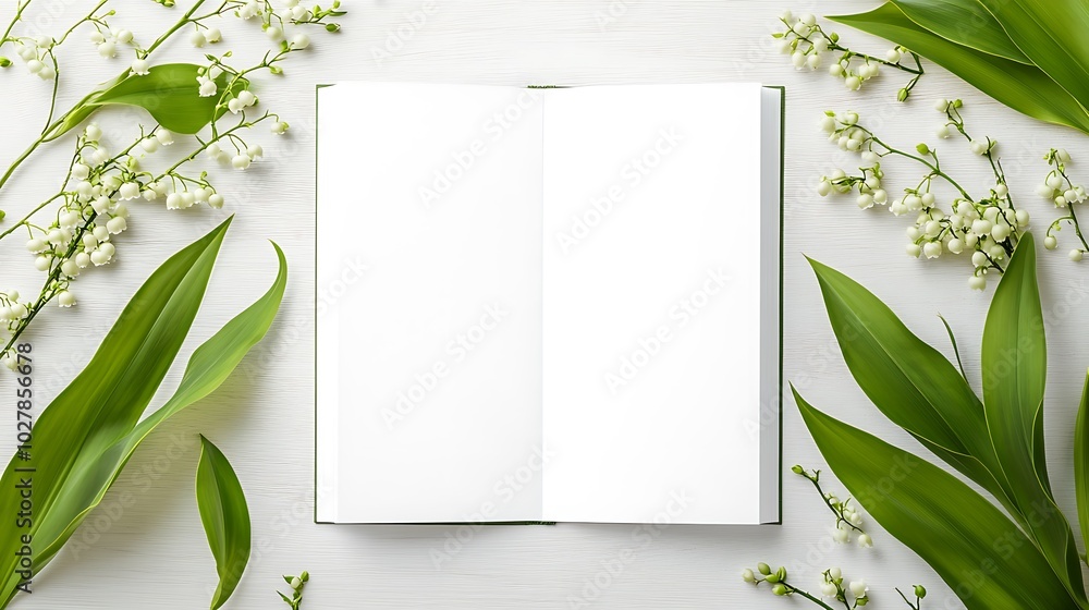 Open Booklet Mockup: A blank open booklet lying flat, surrounded by a circular arrangement of lily of the valley flowers around the outer edges. Open Booklet Mockup: A blank open booklet lying flat, surrounded by a circular arrangement of lily of the valley flowers around the outer edges.