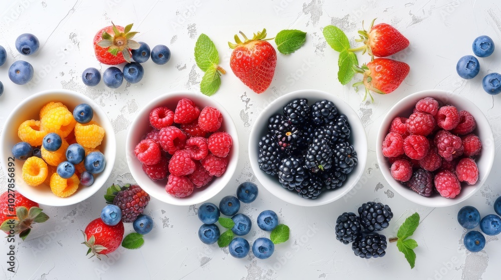 A selection of colorful, fresh berries, displayed in small bowls on a white table. Sweet, nutritious, and delicious A selection of colorful, fresh berries, displayed in small bowls on a white table. Sweet, nutritious, and delicious